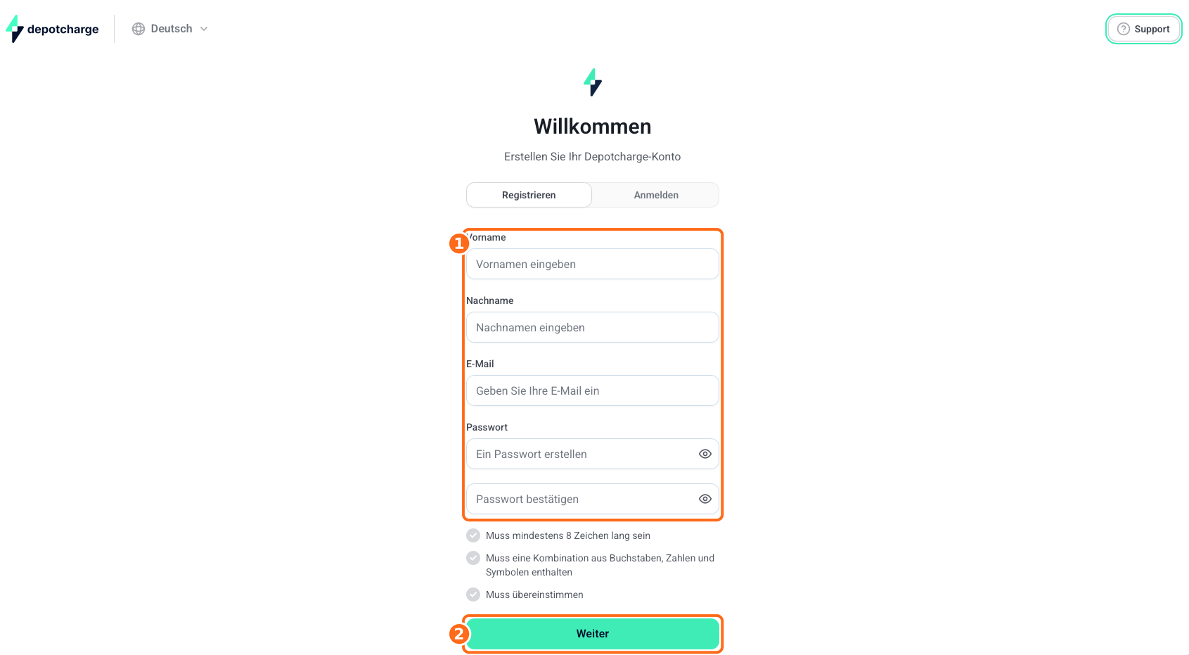 Screenshot: Registrierung