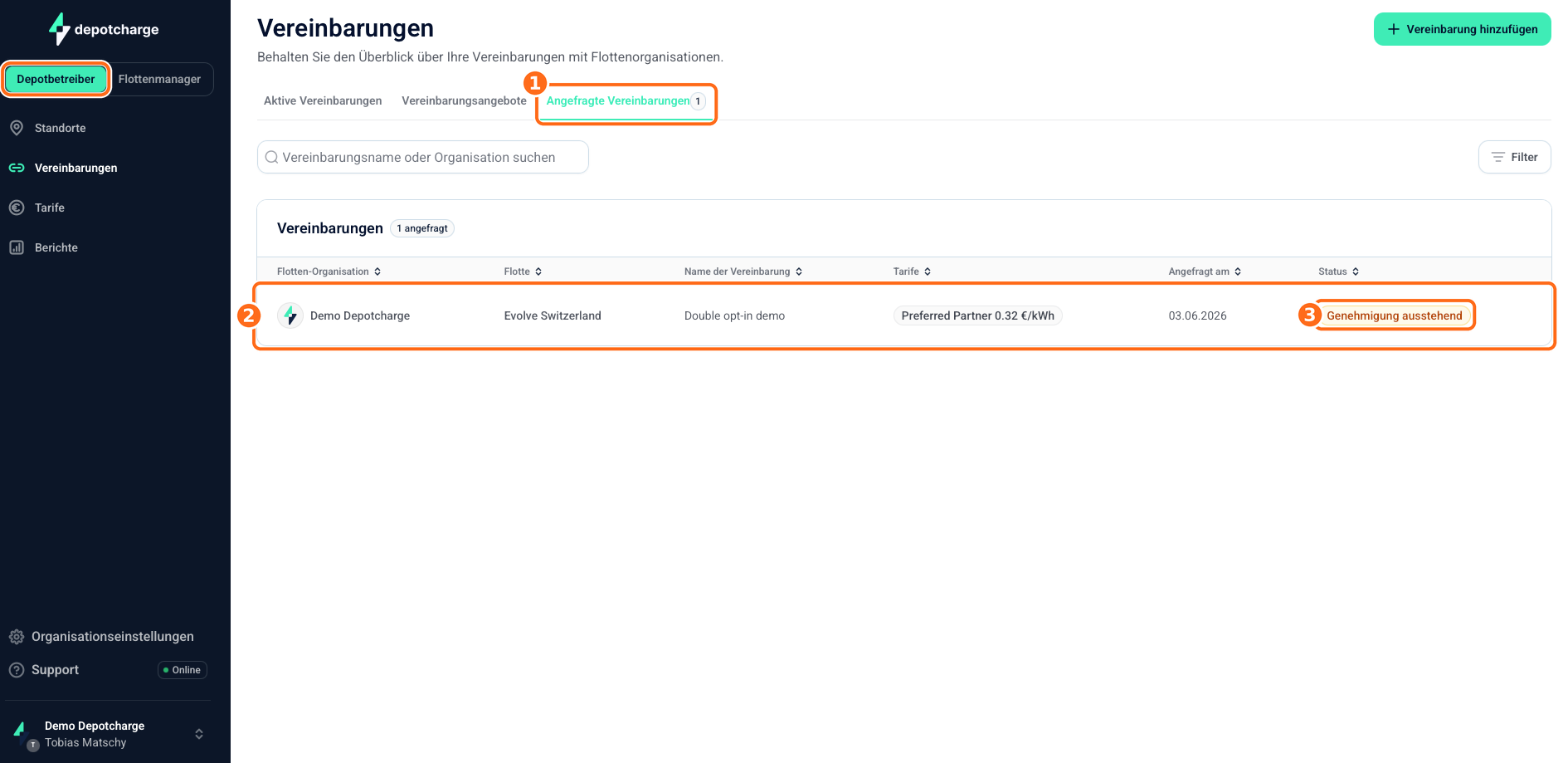 Screenshot: Angefragte Vereinbarungen