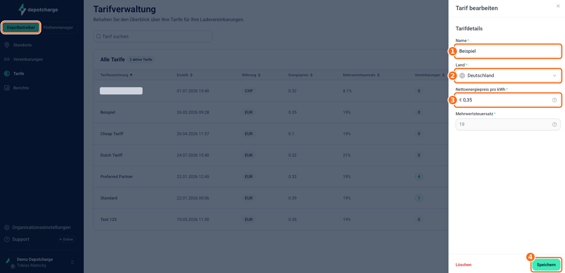 Screenshot: Tarif bearbeiten