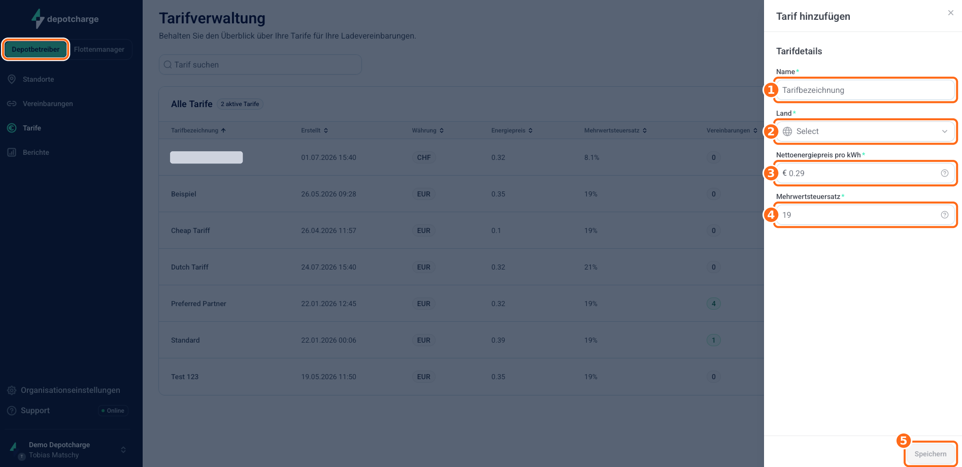 Screenshot: Tarif hinzufuegen
