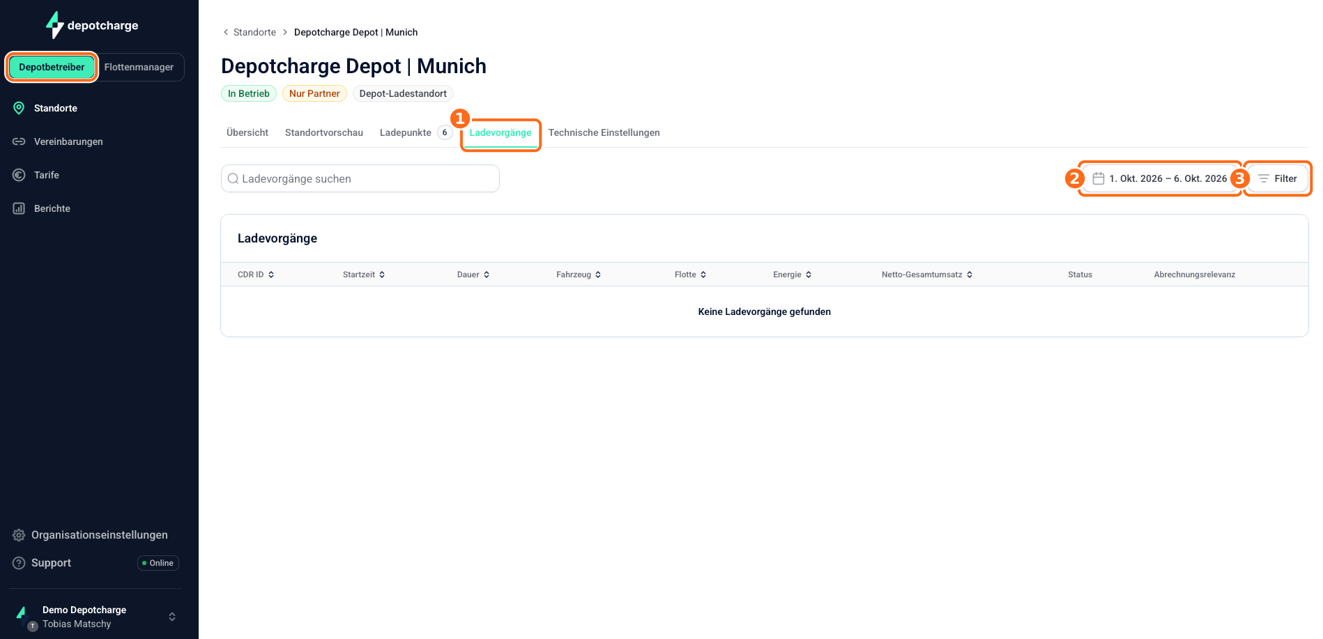 Screenshot: Ladevorgaenge Standort